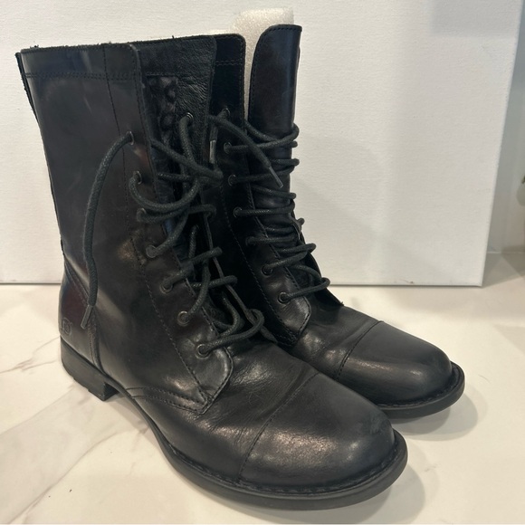 Born Combat Black Leather Boots Moto Biker Lace Up Pull On Comfort Grunge Dark 8 - Picture 1 of 12